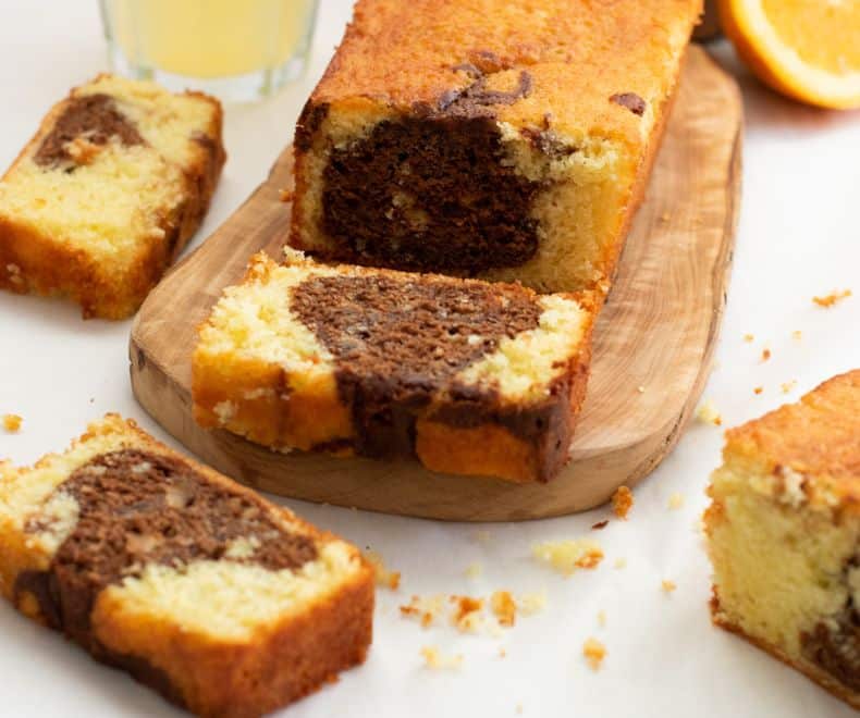 Chocolate Orange Marble Cake with orange juice on the side